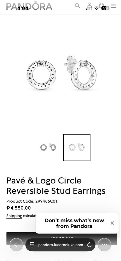 Pandora Pavé & Logo Circle Reversible Stud Earrings (Category: Earrings) located in Manila. Submitted by calm_cutiepie (Listing ID 1462969812, Image 2). Description: - Authentic Pandora Pavé & Logo Circle Reversible Stud Earrings - Product Code: 299486C01 - Material: Sterling Silver - Stones: Clear Cubic Zirconia - Price: P4,550.00 Bought it in greenbelt with receipt.