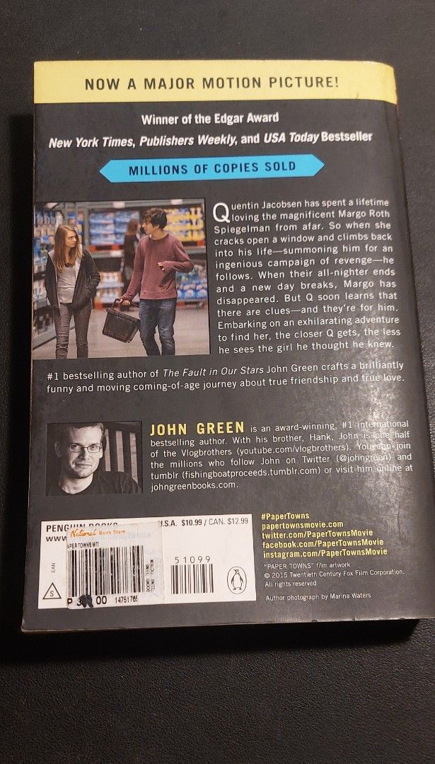 Paper Towns by John Green YA Book (Category: Storybooks) located in Santa Rosa. Submitted by salicon (Listing ID 1462982878, Image 2). Description: - Bestselling novel 'Paper Towns' by John Green. - Winner of the Edgar Award. - Adapted into a major motion picture by Twentieth Century Fox. - A must-have for fans of John Green and compelling stories..