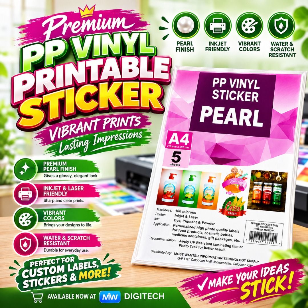 Pearl PP Vinyl Printable Sticker A4 5sheets (Category: Art & Prints) located in Caloocan City. Submitted by mwdigitech01 (Listing ID 1463044545, Image 1). Description: PEARL PP VINYL PRINTABLE STICKER ✨ Premium-looking printable sticker material with a beautiful pearl finish. Perfect for: 🏷️ Product labels 📦 Packaging 💖 Personalized stickers 🎁 Gift labels 🧴 Bottle labels 📒 DIY crafts & planners 🛍️ Small business branding FEATURES: ✔ Pearl 