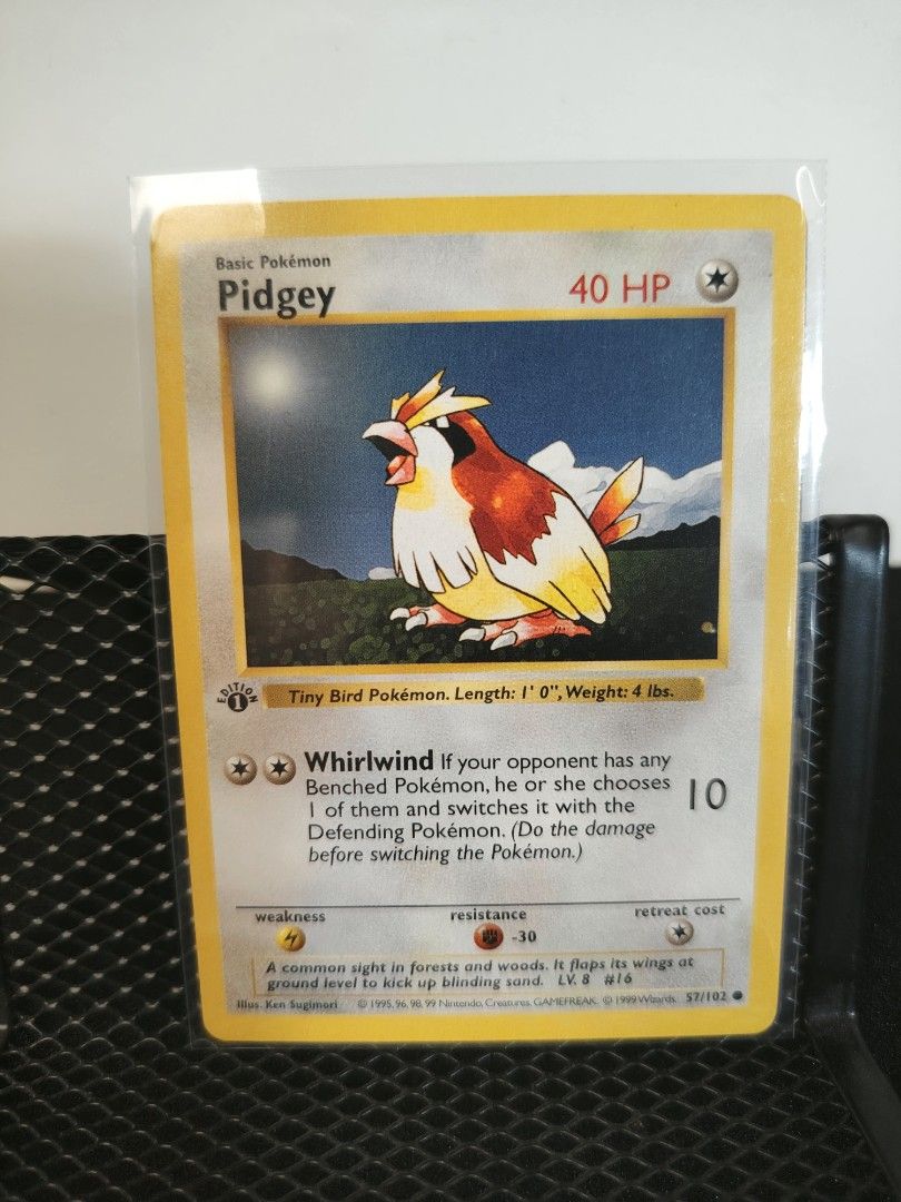 Pidgey Pokemon Card 1st edition shadowless (Category: Raw Singles) located in Dipolog. Submitted by queenibee01 (Listing ID 1462909945, Image 1). Description: pidgey creature from the very first set of pokemon card game. shadowless, unused and unplayed. grade worthy .