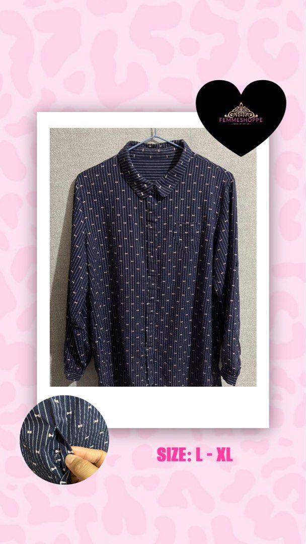 Pink Adobe Navy Blue Longsleeves with Pink Stripes and Bow Patterns (Category: Longsleeves) located in Marikina City. Submitted by femmeshoppemnl (Listing ID 1462947422, Image 1). Description: Pink Adobe Navy Blue Longsleeves with Pink Stripes and Bow Patterns Size: L-XL Condition: Lightly used. Hidden buttons, cute heart-shaped pocket. Cutesy! Issue: No issue Brand: Pink Adobe Ukay sourced. Washed - Ready to wear. .