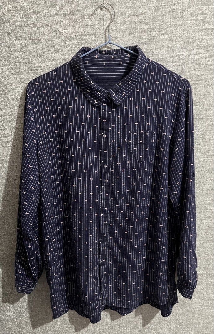 Pink Adobe Navy Blue Longsleeves with Pink Stripes and Bow Patterns (Category: Longsleeves) located in Marikina City. Submitted by femmeshoppemnl (Listing ID 1462947422, Image 2). Description: Pink Adobe Navy Blue Longsleeves with Pink Stripes and Bow Patterns Size: L-XL Condition: Lightly used. Hidden buttons, cute heart-shaped pocket. Cutesy! Issue: No issue Brand: Pink Adobe Ukay sourced. Washed - Ready to wear. .