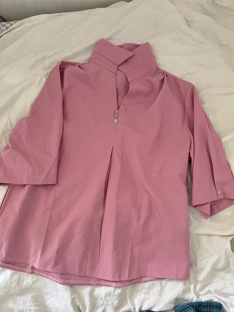 Pink Collar Blouse with Button Detail (Category: Blouses) located in Manila. Submitted by happydani (Listing ID 1462959621, Image 1). Description: - 4XL - pink blouse - Flattering V-neck with 3 buttons - Stylish three-quarter sleeves with cuff buttons - Beautiful pleated front for shape - Perfect for casual or dressed-up looks.