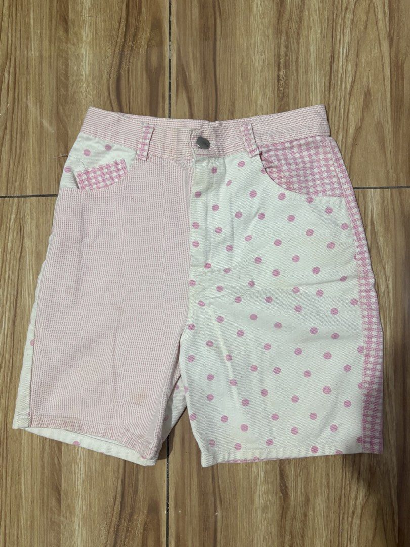 Pink Patchwork Shorts - Gingham, Stripes, Polka Dots (Category: Shorts) located in Quezon City. Submitted by kyjnll (Listing ID 1462955554, Image 1). Description: W 25 L 16 - Adorable pink shorts with a unique patchwork design. - Features a fun mix of gingham, stripe, and polka dot patterns. - Comfortable elastic waistband for a perfect fit. - Ideal for a playful and casual outfit. - Easy to style with basic tops for a complete look. - has stains