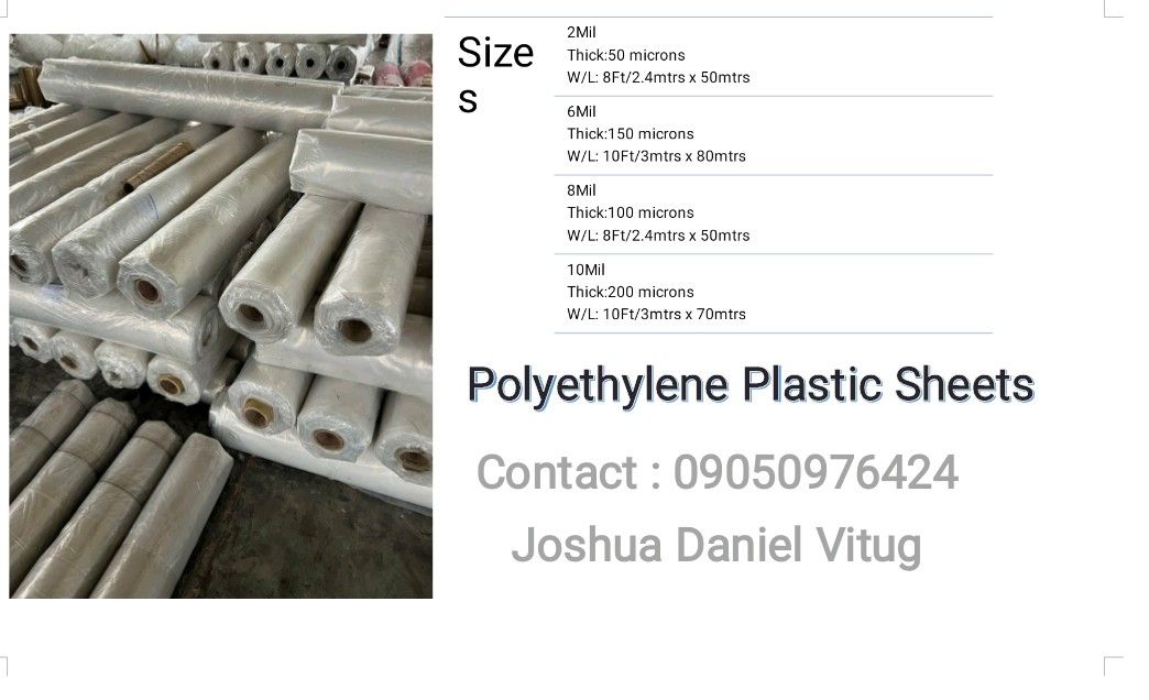 POLYETHYLENE SHEETS (Category: Construction & Building Materials) located in Manila. Submitted by rabbiipogi (Listing ID 1462885803, Image 1). Description: POLYETHYLENE PLASTIC FOR: 👍DIVIDER / PROTECTION ✔️HOSPITALS ✔️PHARMACY ✔️SUPER MARKET 👍COUNTER TOP COVER 👍CONSTRUCTION 👍 GREENHOUSES POLYETHYLENE SHEET 2 mill x 8ft/2.4mtrs x 50mtrs- 10 mill x 10ft/3mtrs x 70mtrs 6 mill x 10ft/3mtrs x 80mtrs 8 mill x 8ft/2.4mtrs x 50mtrs Available in Black