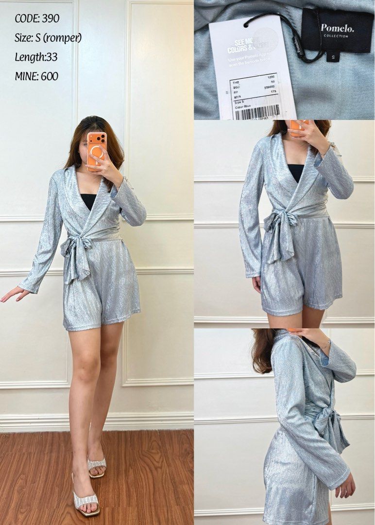 Pomelo Collection Light Blue Metallic Striped Romper Size S (Category: Rompers) located in Manila. Submitted by angelll0123 (Listing ID 1463078307, Image 1). Description: - Light blue romper from Pomelo Collection - Metallic striped material for a touch of shimmer - Flattering wrap front with adjustable tie waist - Long sleeves for added style - Size: Small - Measurements: Bust 32-34 inches, Waist 26-27 inches, Length 33 inches - Original price: 