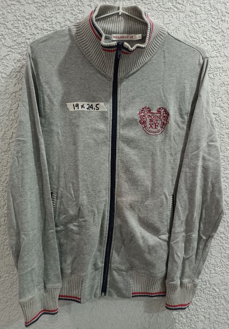POSHBOY XF FULL-ZIP SWEATER (Category: Coats, Jackets and Outerwear) located in Calamba. Submitted by rootsph (Listing ID 1462984358, Image 1). Description: Details: Fits Large for Women. Dimes: 19W x 24.5L Color: Gray Condition: Good, has very light stain (see photo), complete tags Please manage your expectation, item being sold is preloved and not brand new unless stated otherwise. Major and minor issues will be declared. Signs of usage and pre