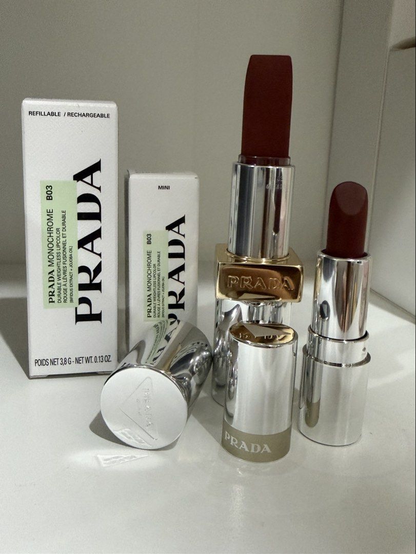 Prada Monochrome Hyper Matte Refillable Lipstick (Category: Makeup) located in Las Pinas. Submitted by mystic_tragicallychic (Listing ID 1462901190, Image 1). Description: Prada Monochrome Hyper Matte Refillable Lipstick Shade: B03 Mahogany Brand-new w/ box Full size Poids Net 3.8g / Net Wt 0.13oz SRP: 4, 346 FS: 2,500 Prada Monochrome Mini Lipsticks Poids Net 1.3g / Net Wt 0.04oz FS: 1,250 All items are guaranteed authentic or your money back 💯