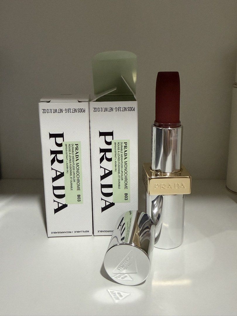 Prada Monochrome Hyper Matte Refillable Lipstick (Category: Makeup) located in Las Pinas. Submitted by mystic_tragicallychic (Listing ID 1462901190, Image 2). Description: Prada Monochrome Hyper Matte Refillable Lipstick Shade: B03 Mahogany Brand-new w/ box Full size Poids Net 3.8g / Net Wt 0.13oz SRP: 4, 346 FS: 2,500 Prada Monochrome Mini Lipsticks Poids Net 1.3g / Net Wt 0.04oz FS: 1,250 All items are guaranteed authentic or your money back 💯