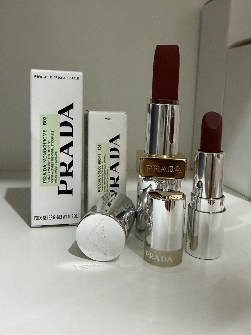Prada Monochrome Hyper Matte Refillable Lipstick (Category: Makeup) located in Las Pinas. Submitted by tragicallychicbyerin_ph (Listing ID 1462901874, Image 3). Description: Prada Monochrome Hyper Matte Refillable Lipstick Shade: B03 Mahogany Brand-new w/ box Full size Poids Net 3.8g / Net Wt 0.13oz SRP: 4, 346 FS: 2,500 Prada Monochrome Mini Lipsticks Poids Net 1.3g / Net Wt 0.04oz FS: 1,250 All items are guaranteed authentic or your money back 