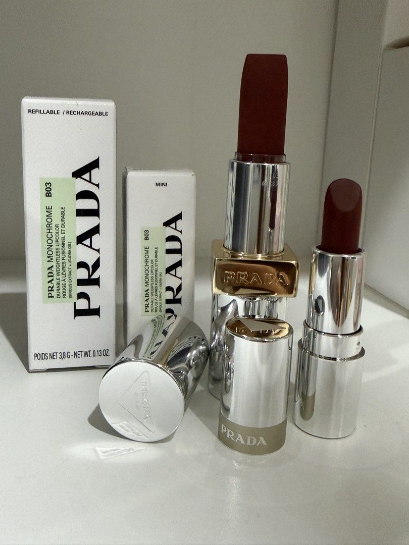 Prada Monochrome Hyper Matte Refillable Lipstick (Category: Makeup) located in Las Pinas. Submitted by tragicallychicbyerin_ph (Listing ID 1462901874, Image 1). Description: Prada Monochrome Hyper Matte Refillable Lipstick Shade: B03 Mahogany Brand-new w/ box Full size Poids Net 3.8g / Net Wt 0.13oz SRP: 4, 346 FS: 2,500 Prada Monochrome Mini Lipsticks Poids Net 1.3g / Net Wt 0.04oz FS: 1,250 All items are guaranteed authentic or your money back 