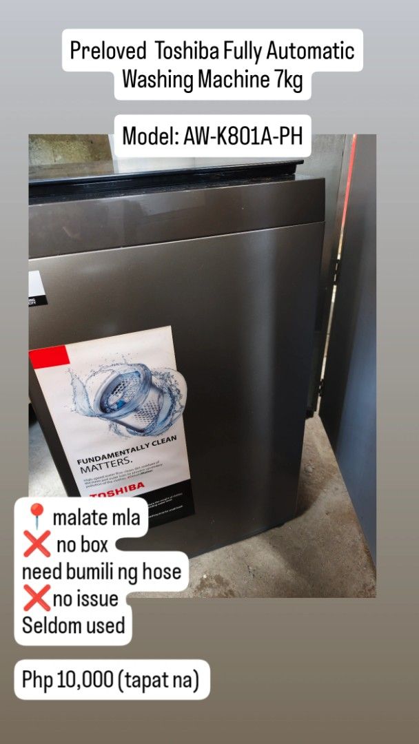 Preloved Toshiba Fully Automatic Washing Machine 7kg (Category: Washing Machines and Dryers) located in Manila. Submitted by jheisjlove (Listing ID 1463045707, Image 1). Description: .