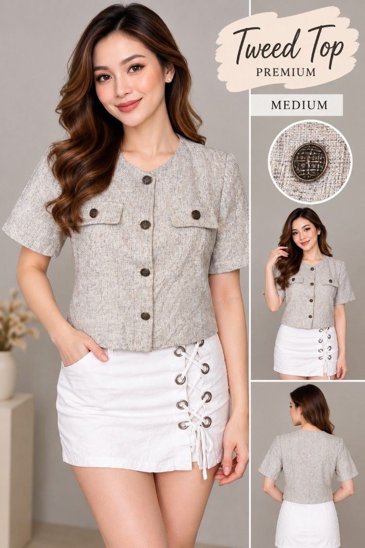 Premium Tweed Short Sleeve Button Up Top - Medium (Category: Blouses) located in San Carlos City. Submitted by chinx008 (Listing ID 1463031240, Image 1). Description: - Grey tweed top - Short sleeves - Button-up front - Two chest pockets with button details - Textured fabric - Versatile for dressing up .