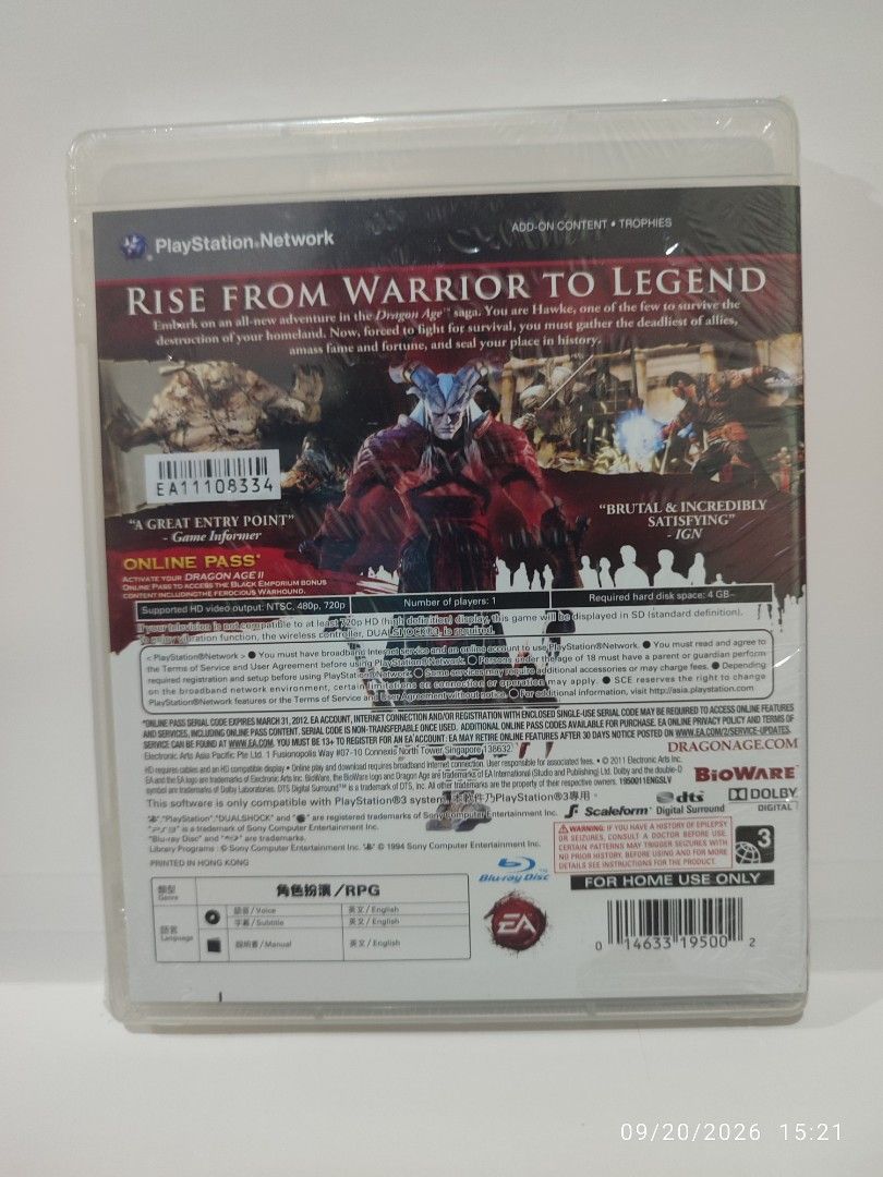 PS3 - Dragon Age 2 (STORE RESEALED) "R3" (Category: PlayStation) located in Mendez-Nunez. Submitted by sf2_gameshop (Listing ID 1462958208, Image 2). Description: PLEASE READ CONDITION: A brand new item, but a store resealed. GENRE: Action role-playing MODE: Single-player REGION: 3 - Asia VOICE: English IN-GAME TEXT: English Feel free to chat for any inquiries and I'm inviting you to visit my shop regularly for item updates. Thank you....