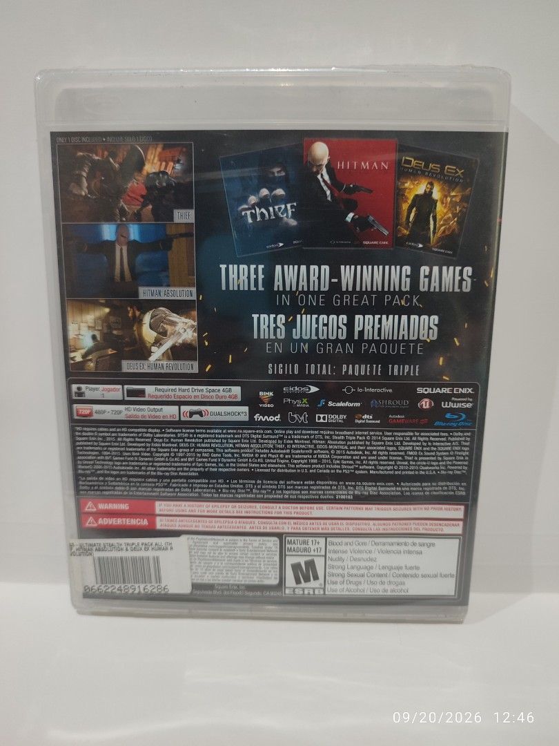 PS3 - Ultimate Stealth Triple Pack (BRAND NEW) "ALL" (Category: PlayStation) located in Mendez-Nunez. Submitted by sf2_gameshop (Listing ID 1462926394, Image 3). Description: PLEASE READ The disc contains 3 great games - Thief, Hitman Absolution and Deus Ex. CONDITION: new and factory sealed however, it has minor plastic wrap tears. GENRE: Action-stealth MODE: Single-player REGION: ALL VOICE: English IN-GAME TEXT: English MANUAL: English Feel fre