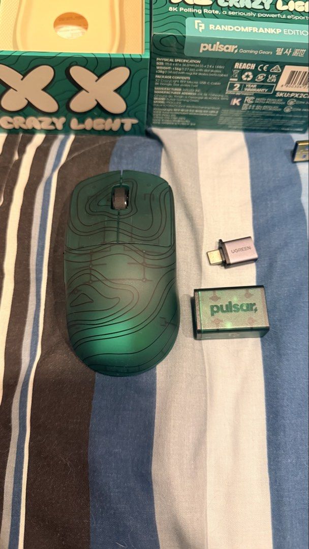 Pulsar X2 CrazyLight RandomFrankP Edition (Category: Mouse & Mousepads) located in Paranaque City. Submitted by diegs137 (Listing ID 1463028093, Image 2). Description: •8K Polling Mouse by Pulsar, with the black and green topography design co-created with RandomFrankP •32,000 DPI •Up to 8K Polling Rate •36g (it's very light hehe) •Lightly used on a mousepad and only for Neverness To Everness. Never left the house. •Has almost no sign of usage. •C