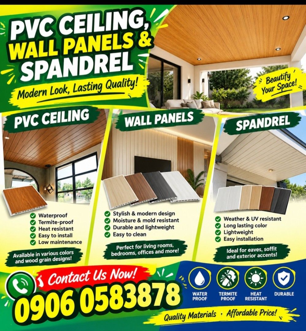 PVC ROOF CEILING, SPANDREL PANELS, EAVES CEILING KISAME (Category: Construction & Building Materials) located in Manila. Submitted by eztrabonan91146 (Listing ID 1462896147, Image 1). Description: 🏡 BEAUTIFY YOUR SPACE WITH QUALITY MATERIALS! ✨ ✨ PVC CEILING • WALL PANELS • SPANDREL ✨ ✅ Modern & Stylish Designs ✅ Waterproof & Moisture Resistant ✅ Termite & Heat Resistant ✅ Durable & Easy to Install ✅ Low Maintenance ✅ Available in Various Colors