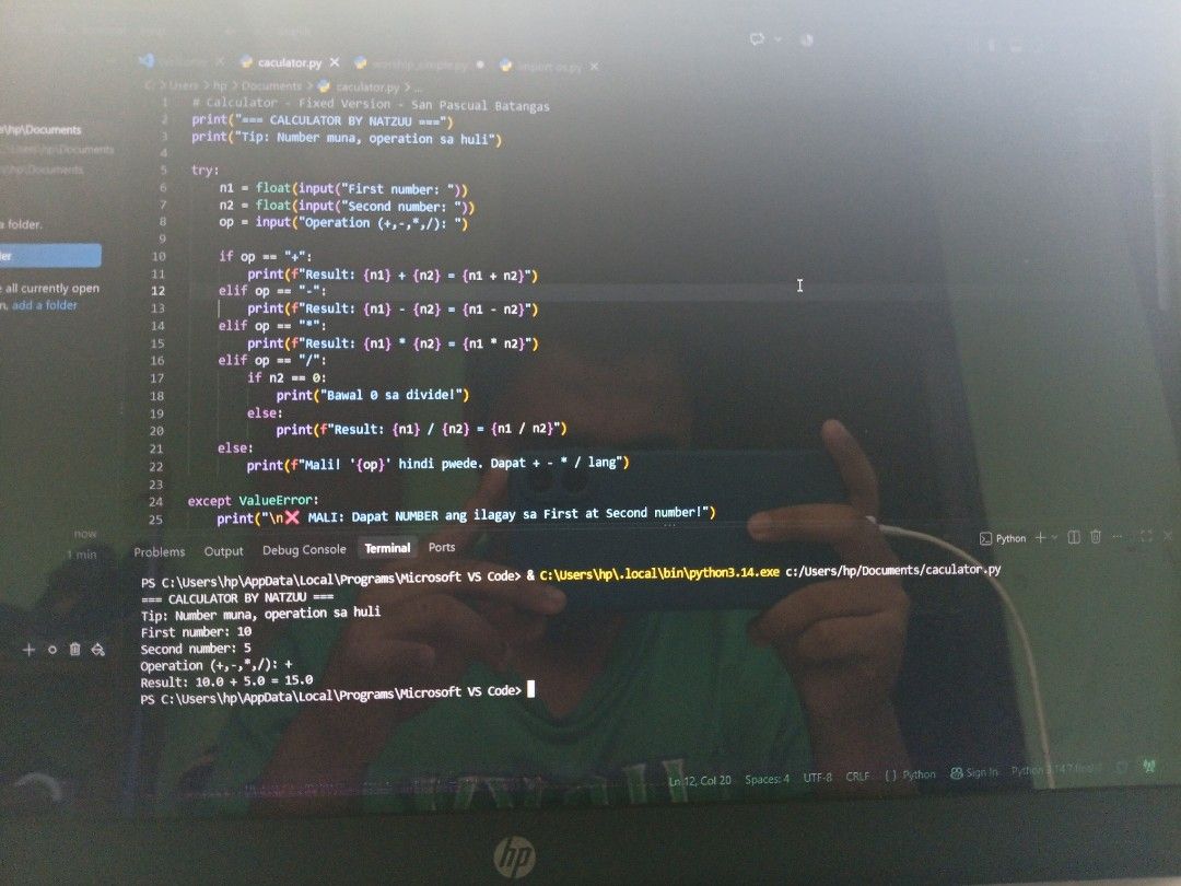 Python Calculator Source Code - Fixed Version + Tagalog - Pang School (Category: Office & Business Technology) located in San Pascual. Submitted by prince_9274fc (Listing ID 1462887448, Image 1). Description: CALCULATOR BY NATZUU - Python Source Code ✅ Working na, Fixed Version ✅ May Tagalog guide: "Bawal 0 sa divide!" ✅ May error handling - hindi mag crash ✅ Beginner friendly, malinis code Kasama: - caculator.py file - Paano i-run sa VS Code Per