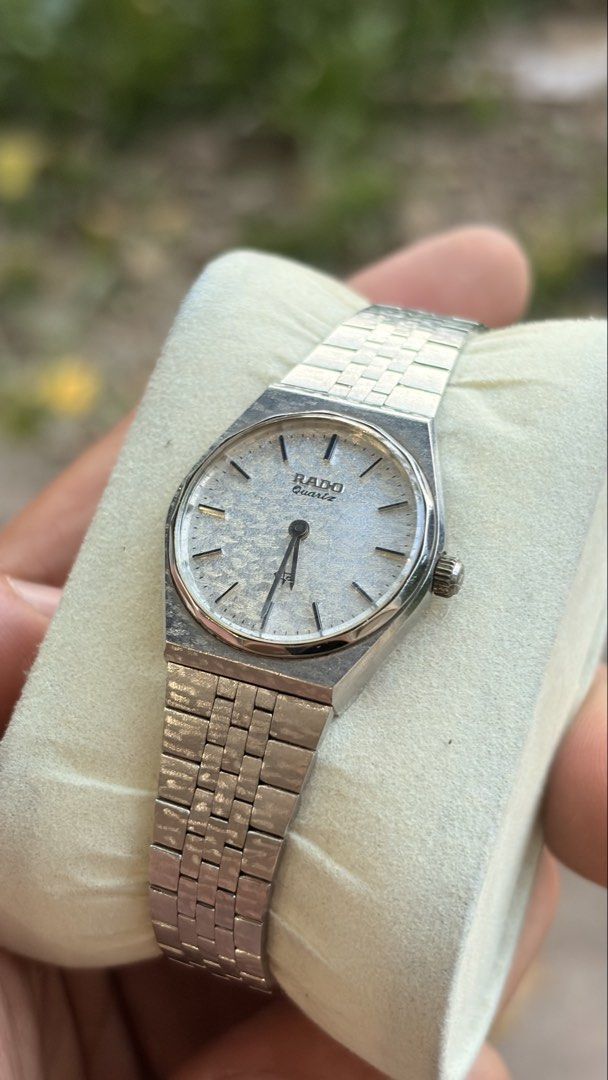 Rado Quartz Watch - Silver Tone (Category: Women's Watches) located in Merida. Submitted by opustimepieces2026 (Listing ID 1463086966, Image 2). Description: - Vintage Rado watch - Silver tone metal bracelet and case - White textured dial with simple hour markers - Quartz movement - Classic, everyday wear design - Requires a new battery.