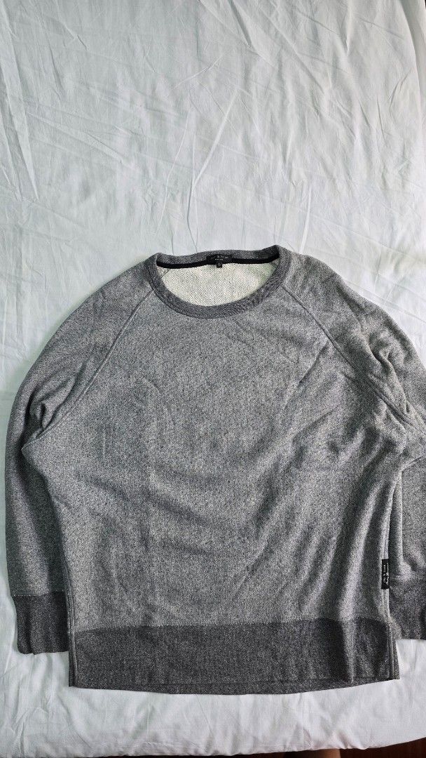 Rag & Bone Grey Melange Crewneck Sweatshirt (Category: Coats, Jackets and Outerwear) located in Santa Rosa. Submitted by hangrycryp53334 (Listing ID 1462929467, Image 1). Description: - Brand: Rag & Bone - Color: Grey Melange - Style: Crewneck Sweatshirt - Features: Ribbed cuffs and hem - Material: Soft fabric for comfort, Heavy cloth - Size: Tagged S (measurements in photos) - Condition: Great staple piece - Oversized fit Issue: Slight yellowing