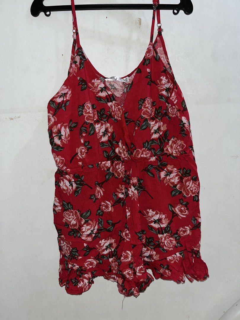 Red Floral Wrap Romper - Summer Boho Spaghetti Strap Playsuit (Category: Rompers) located in Quezon City. Submitted by yan.declutter (Listing ID 1462942542, Image 1). Description: with flaw (see attached photo).