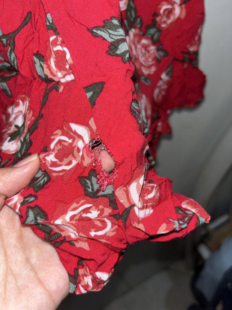 Red Floral Wrap Romper - Summer Boho Spaghetti Strap Playsuit (Category: Rompers) located in Quezon City. Submitted by yan.declutter (Listing ID 1462942542, Image 3). Description: with flaw (see attached photo).