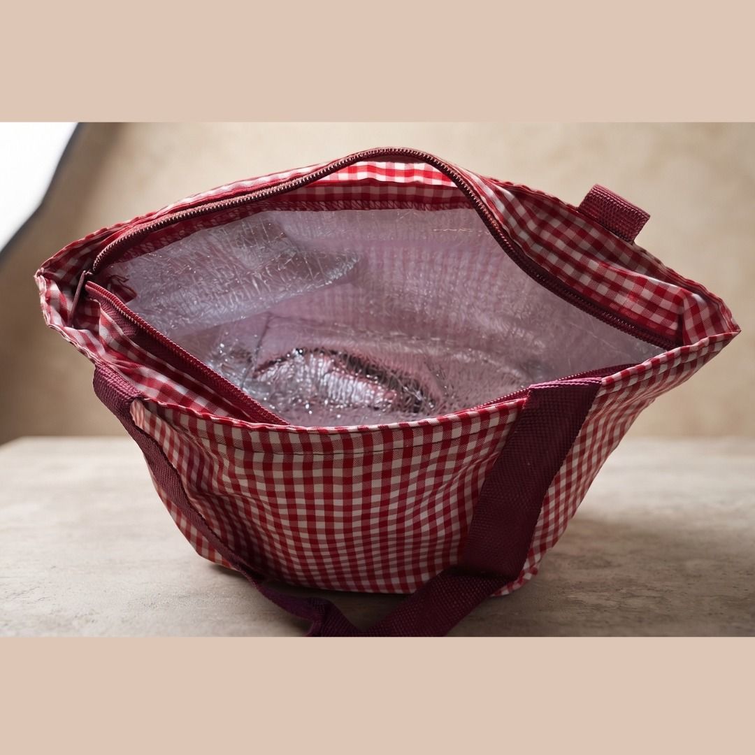 Red Gingham Insulated Lunch Bag (Category: Tote Bags) located in Quezon City. Submitted by eilgaraje (Listing ID 1463118755, Image 2). Description: - Cute red and white gingham design - Insulated interior to keep food cool - Zippered top for secure closure - Sturdy handles for easy carrying - Ideal for picnics, work lunches, or school lunches Japan surplus used item 99.