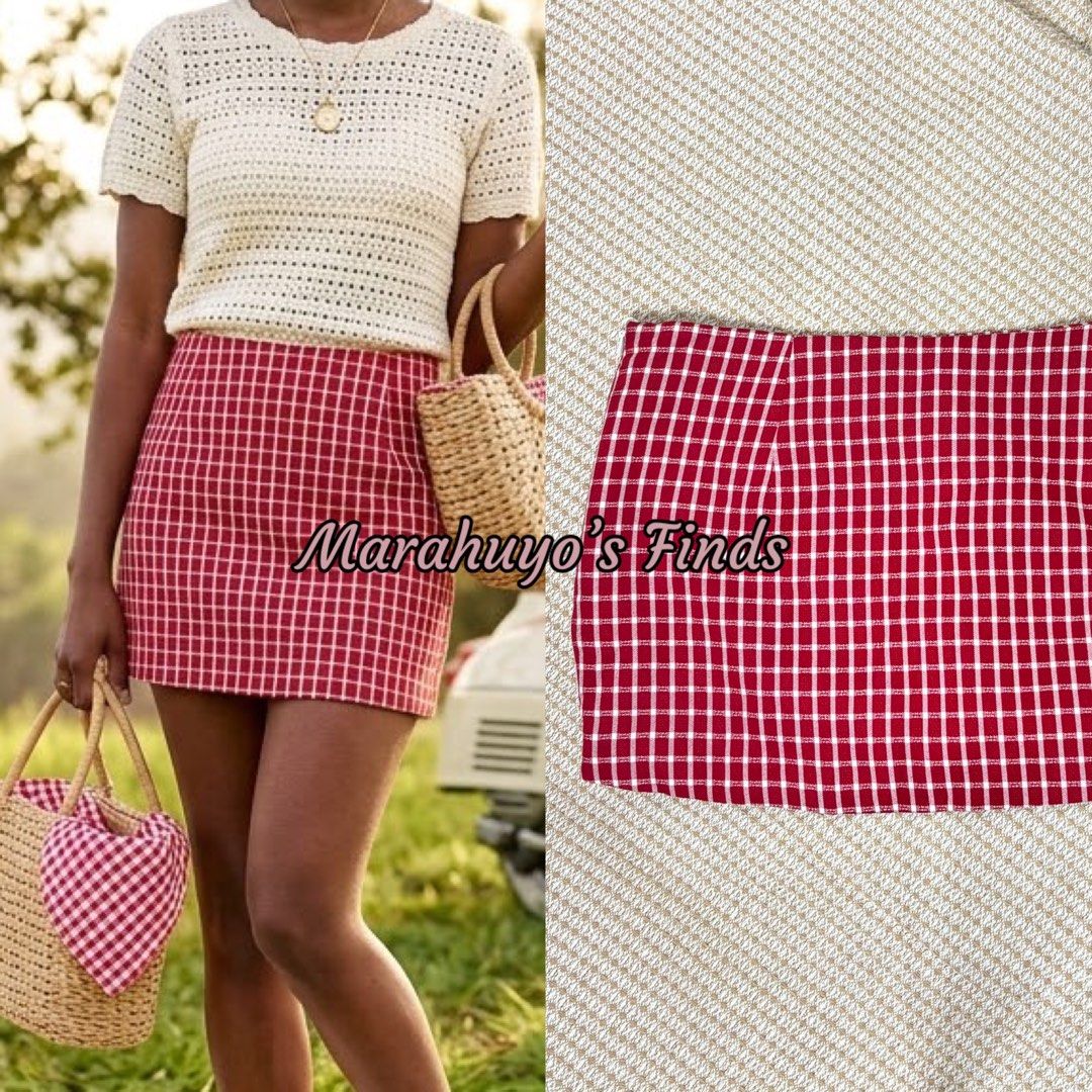 Red Gingham Mini Skirt with Inner Shorts (Category: Skirts) located in Mabalacat. Submitted by marahuyos.finds (Listing ID 1462930482, Image 2). Description: - Adorable red and white gingham mini skirt - Features an inner short for added coverage and comfort - Ideal for picnics, casual outings, and summer vibes - Size: S-M - Measurements: Waist 28 inches, Length 10 inches.