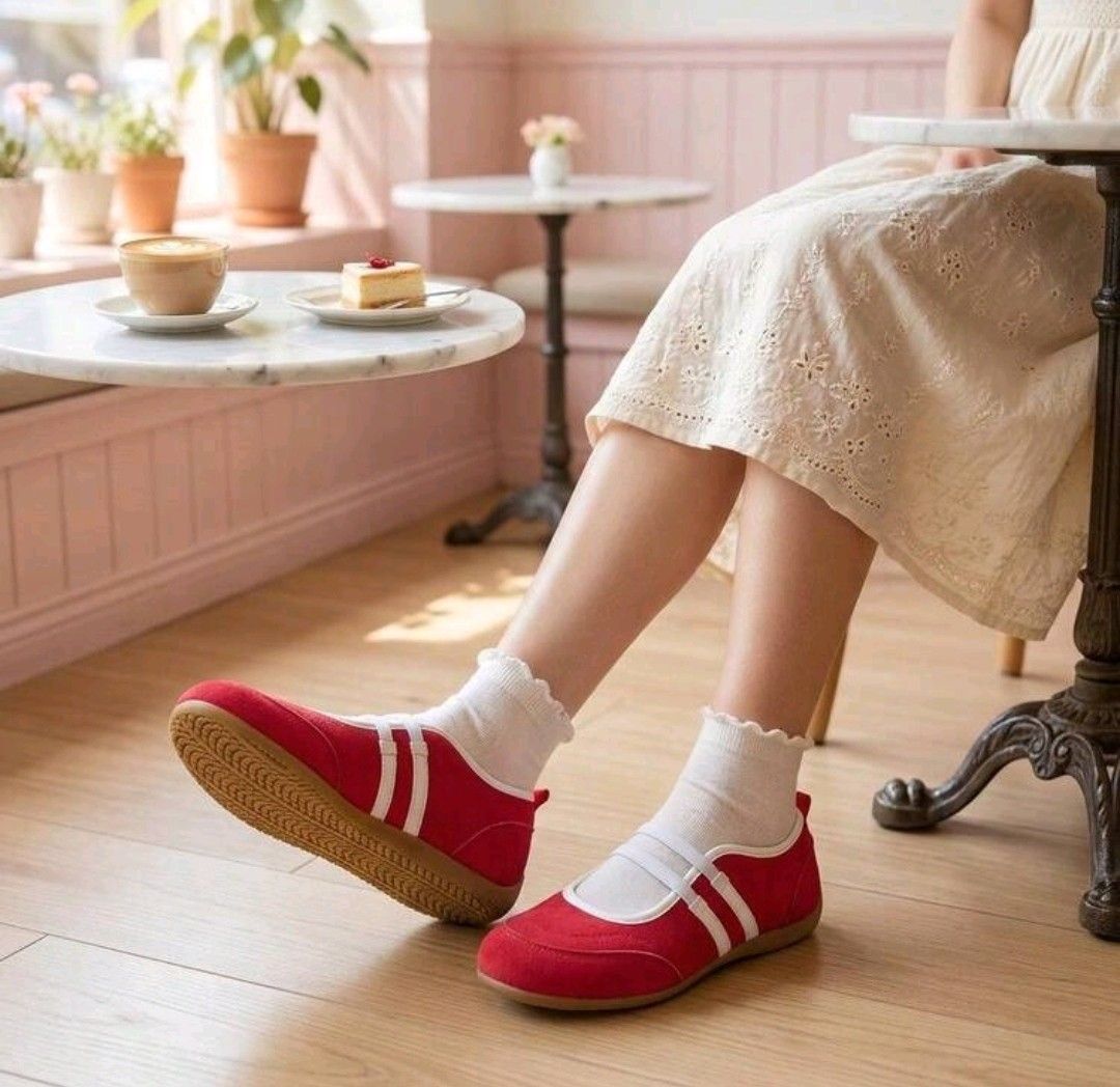 Red Mary Jane Ballet Flats with White Straps (Category: Flats & Sandals) located in Quezon City. Submitted by twinkle97 (Listing ID 1463001541, Image 3). Description: - Cute red flats - White strap details - Easy slip-on style - Perfect for casual outings or cafe days - Durable brown rubber sole - Comfortable and stylish - 24cm foot length.