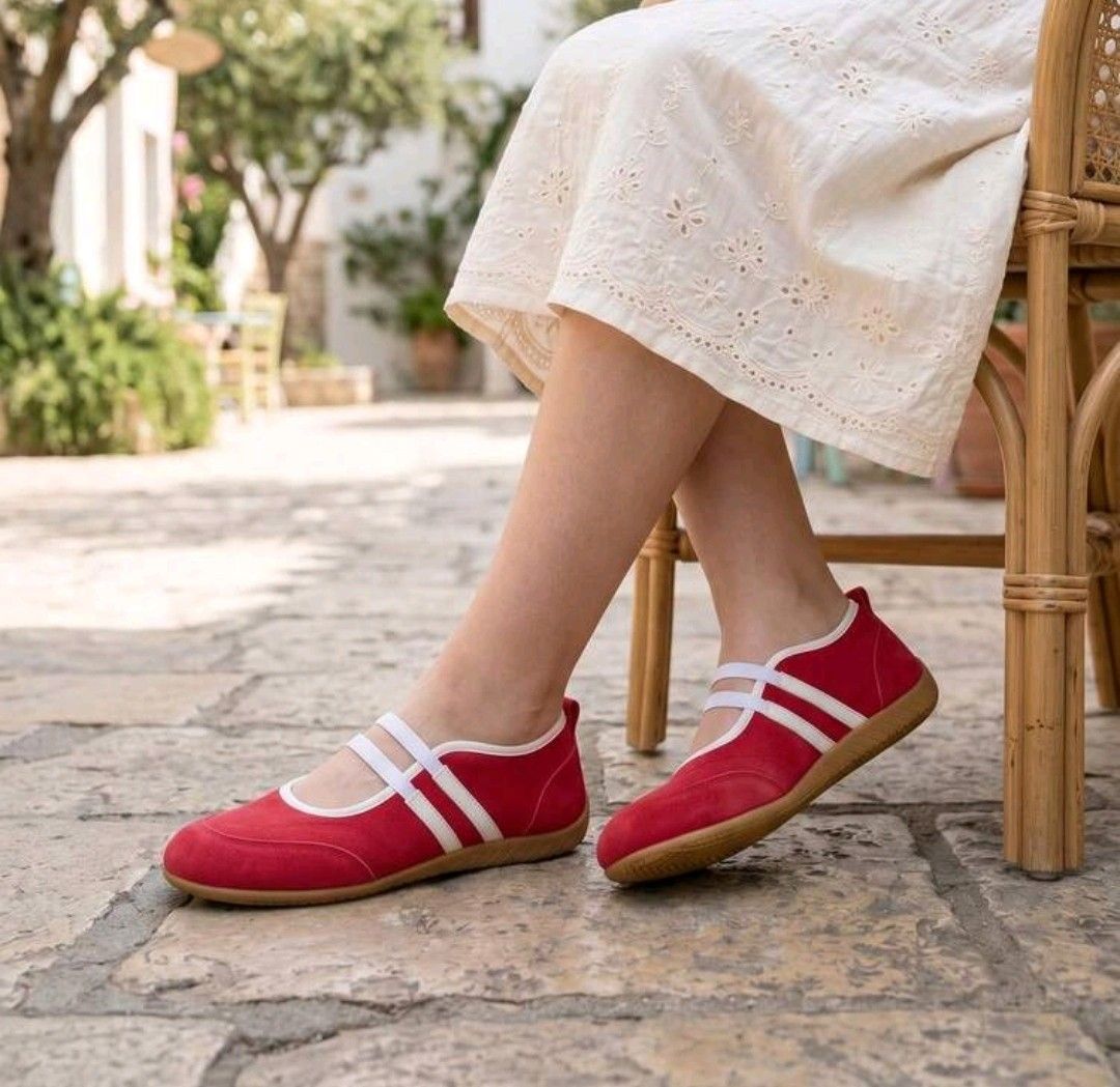 Red Mary Jane Ballet Flats with White Straps (Category: Flats & Sandals) located in Quezon City. Submitted by twinkle97 (Listing ID 1463001541, Image 2). Description: - Cute red flats - White strap details - Easy slip-on style - Perfect for casual outings or cafe days - Durable brown rubber sole - Comfortable and stylish - 24cm foot length.
