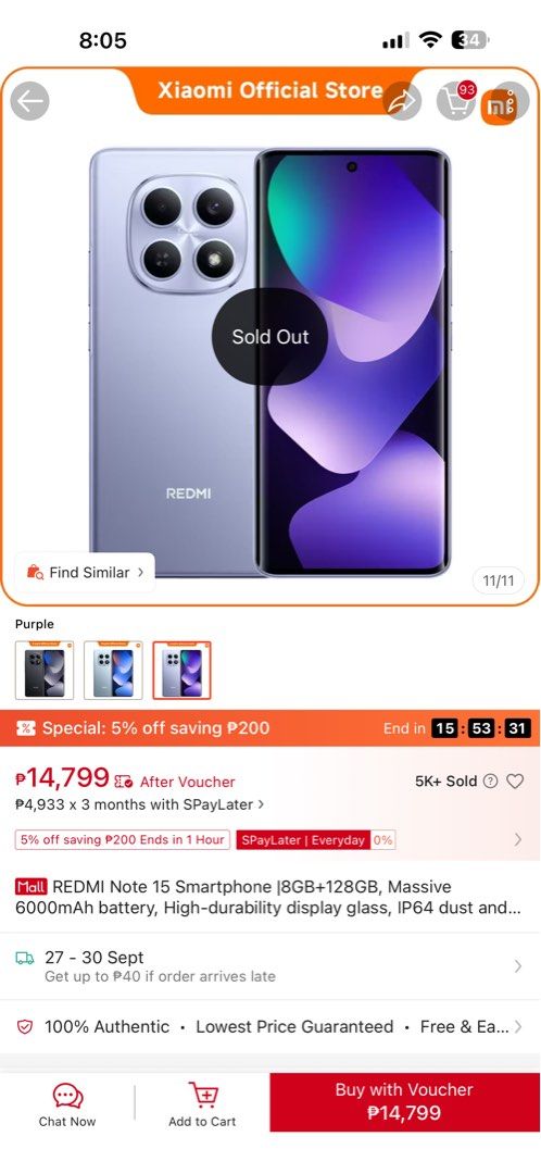 Redmi Note 15 (Category: Xiaomi) located in Caloocan City. Submitted by jm_realion (Listing ID 1462886454, Image 3). Description: Sealed pa po ito. Orig price is ₱14,999 Color purple Sold out na sa official store nila.