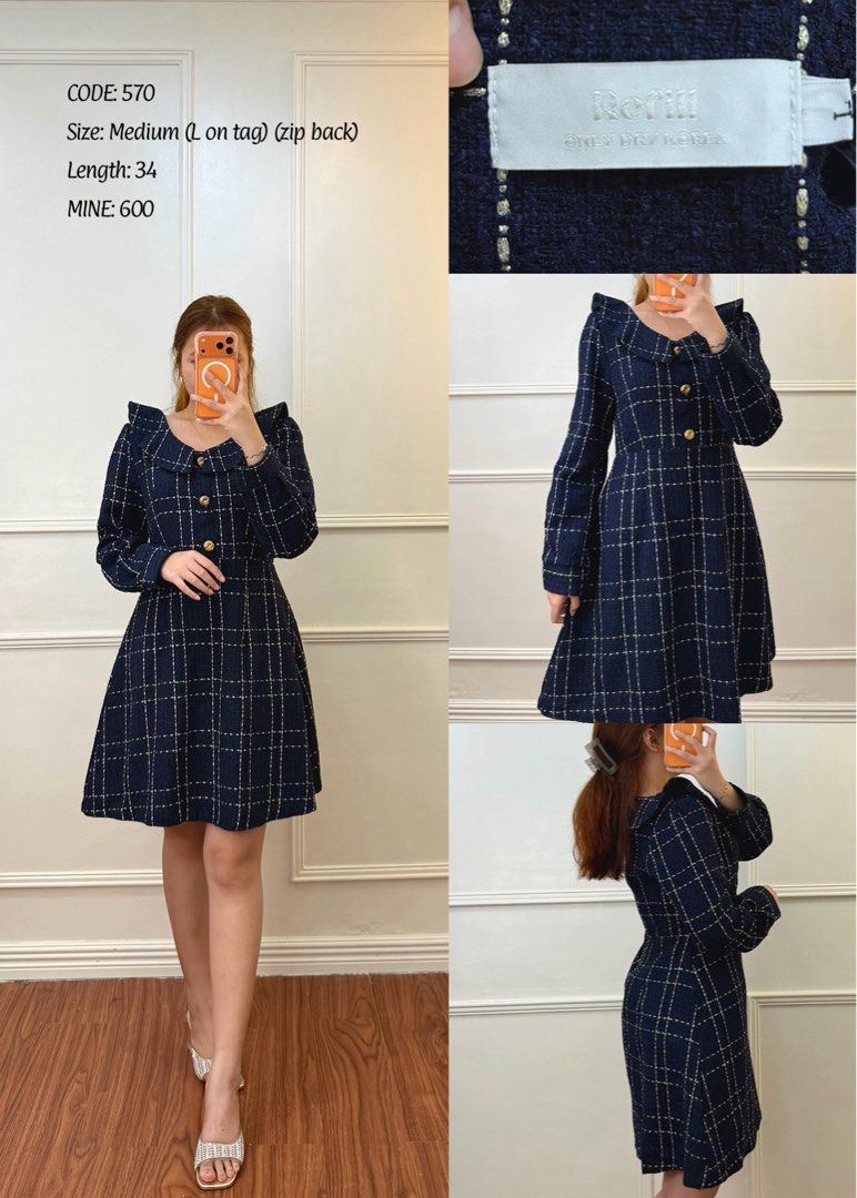 Refill Navy Plaid Tweed Dress Size Medium (Category: Dresses) located in Manila. Submitted by angelll0123 (Listing ID 1463072112, Image 1). Description: - Navy plaid tweed dress - Gold button details - Ruffle sleeves - Flared skirt - Zip back closure - Length: 34 inches - Fits: Medium (Waist 28-29", Bust 34-36") - Ideal for smart casual occasions.