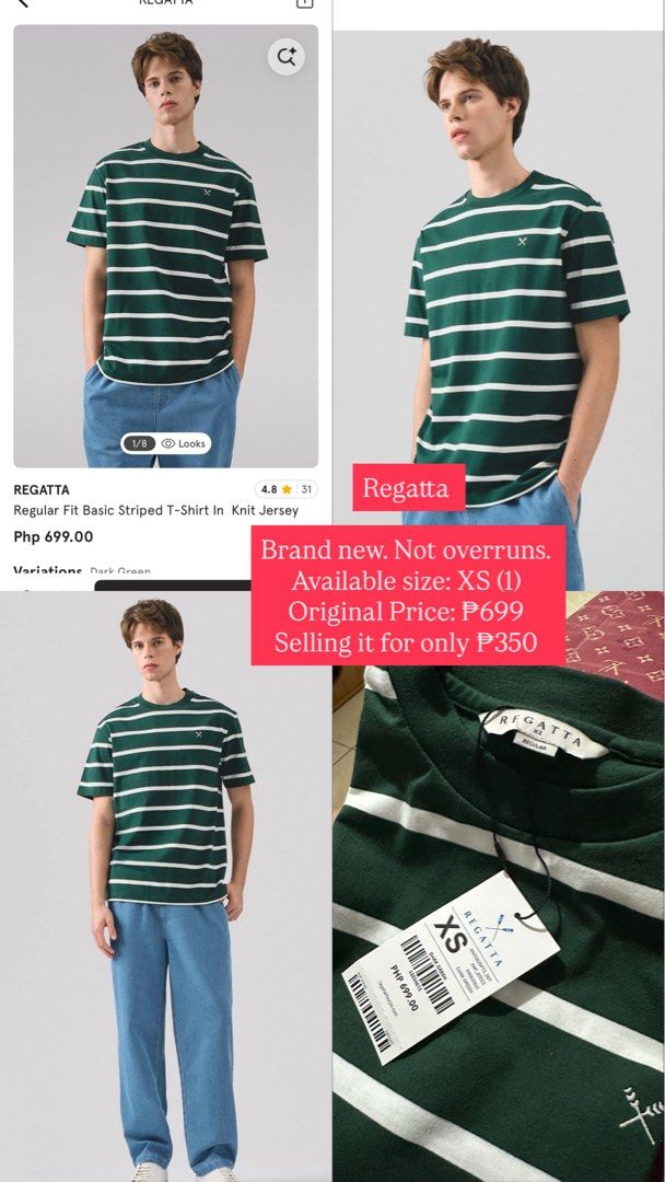 Regatta Regular Fit Basic Striped T-Shirt Dark Green XS (Category: Tshirts & Polo Shirts ) located in Manila. Submitted by irisperalta (Listing ID 1463055942, Image 1). Description: - Brand: Regatta - Color: Green and white stripes - Size: XS - Fit: Regular fit - Material: Knit jersey - Condition: Brand new (not overruns) - Original Price: P699 - Selling Price: P350.