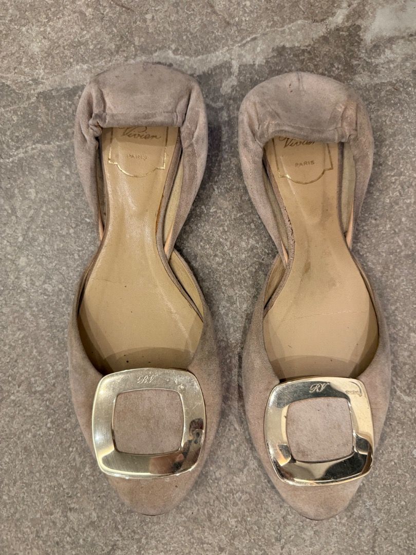Roger Vivier Vivier Flats Size 38.5 (Category: Flats & Sandals) located in Quezon City. Submitted by ilabluxe (Listing ID 1462887683, Image 1). Description: - Brand: Roger Vivier - Type: Flats - Color: Light Beige/Grey Suede - Feature: Iconic Buckle Detail - Size: 38.5 - Origin: Made in Italy - Condition: Shows some wear on soles and insoles, but still has significant life remaining. No box and pls always think this is pre owned and you are not b