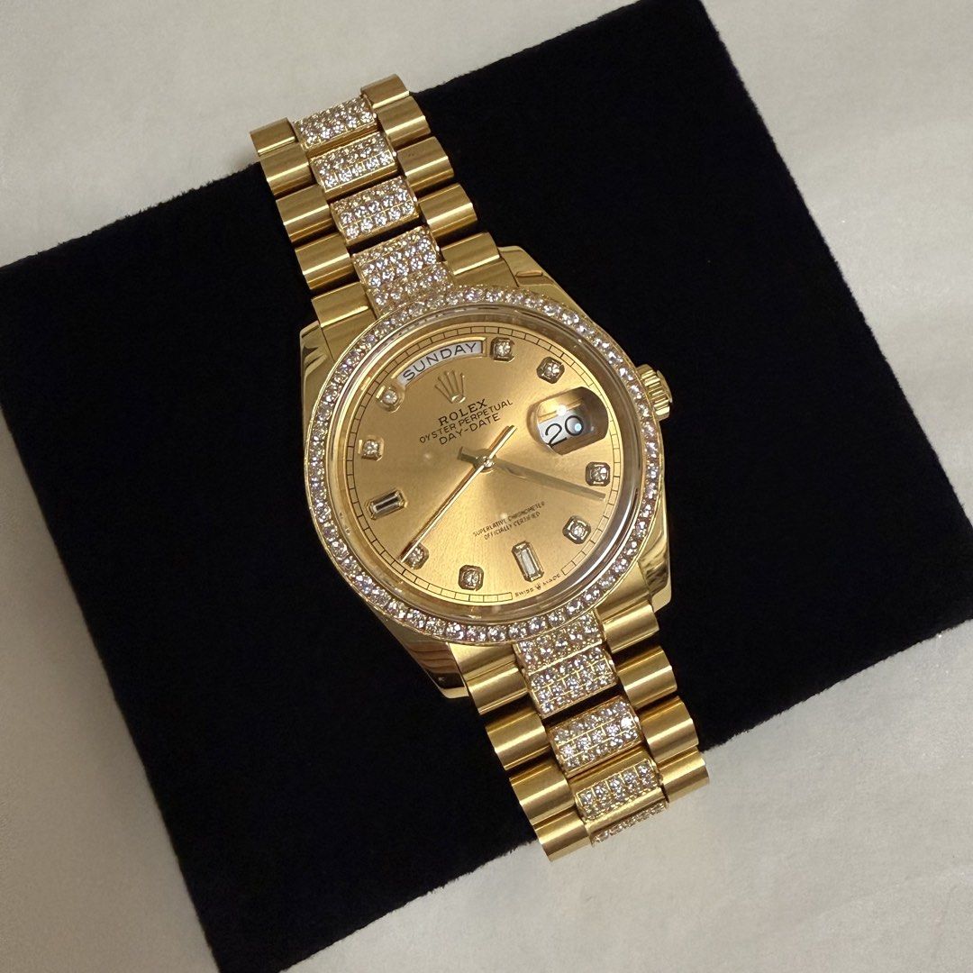 Rolex Daydate 36 (Category: Luxury Watches) located in Manila. Submitted by poppyany (Listing ID 1462888575, Image 1). Description: Rolex Day-Date 36mm in Yellow Gold, Swiss. Custom built with moissanite stones. Comes with the service case only. Bought this at 95K..