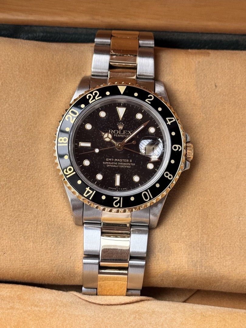 Rolex GMT-Master II Two-Tone (Category: Luxury Watches) located in Makati City. Submitted by philswisswatches (Listing ID 1462920162, Image 1). Description: 16713 R Serial(1988) 8.5/10 Overall Comes with box, service paper, hangtag and 11 links Patina/oxidation on the dial Keeping good time and power reserve Qc/Marikina Thanks.