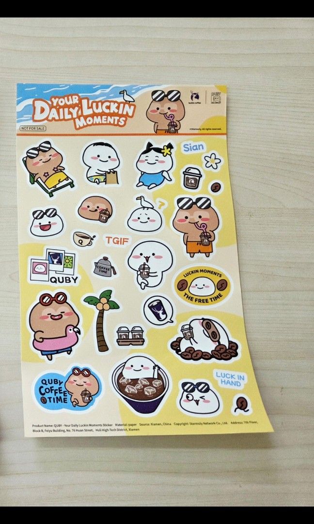 Ruby stickers (Category: Art & Prints) located in Singapore. Submitted by hellgirlting (Listing ID 1462898041, Image 1). Description: Description - Adorable QUBY stickers for everyday use. - Designs feature characters enjoying coffee and relaxing. - Sparkly background adds a special touch. - Ideal for decorating journals, laptops, and more. - A must-have for QUBY fans and cute stationery lovers..