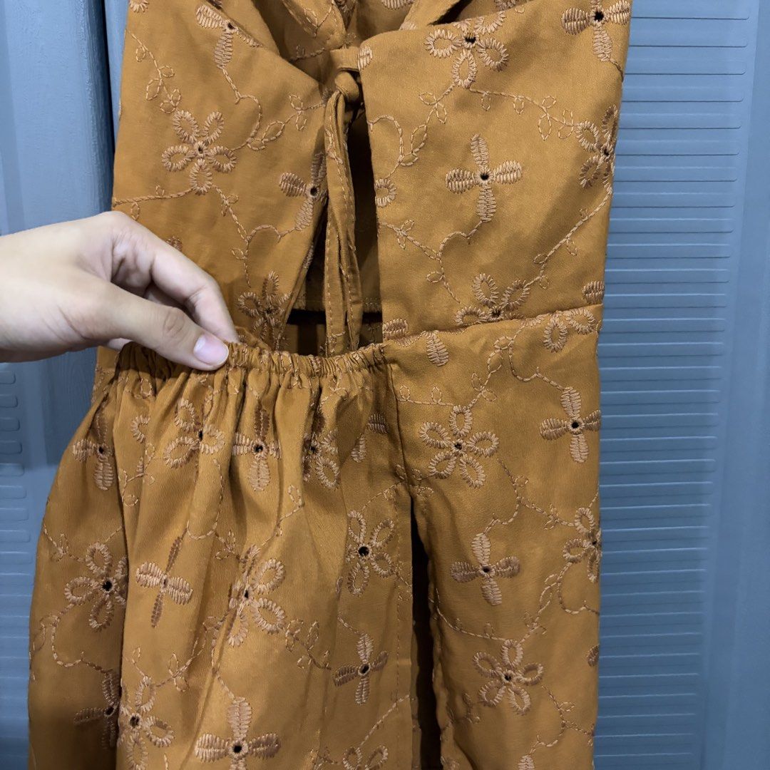 Rust Camel Sleeveless Backless Embroidered Top (Category: Sleeveless) located in Quezon City. Submitted by iywm_ (Listing ID 1462999427, Image 3). Description: ▪️never used ▪️rfs: decluttering ▪️shipping via grab or lalamove only 📍loyola heights, qc.
