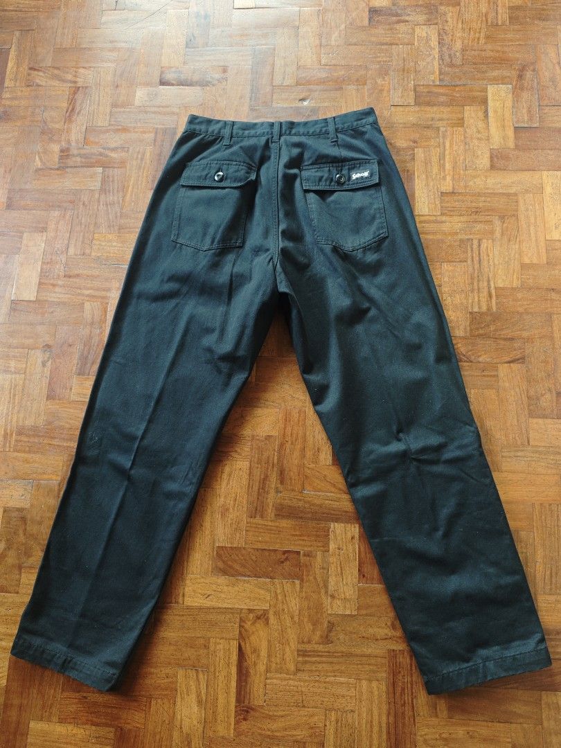 Schott NYC Black Fatigue Pants (Category: Trousers) located in Batangas. Submitted by retroguyy (Listing ID 1462980970, Image 3). Description: Schott NYC Black Fatigue Pants Size tag : M Color: Black Material= 100% Cotton YKK Zipper Dimensions: (Laid Flat) Waist= 15 inches Rise = 12 inches Inseam = 29 inches Outseam = 41 inches Hem = 8.50 inches Issue = Need Wash .
