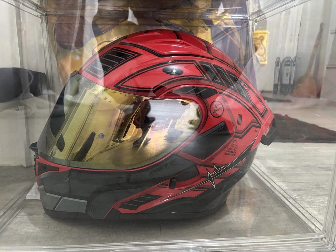 SEC x DBTK Helmet (Medium) (Category: Helmets and other Riding Gears) located in Manila. Submitted by tee.3p (Listing ID 1462948647, Image 1). Description: SEC x DBTK Limited Edition size: Medium Used more like twice or thrice Condition: 8.5-9/10 No Box naitapon na po - Color: Red and Black - Features a stunning Gold Iridium Visor - comes with unused clear visor - Sharp, eye-catching graphics - Comes with a display case - Perfect for street ridin