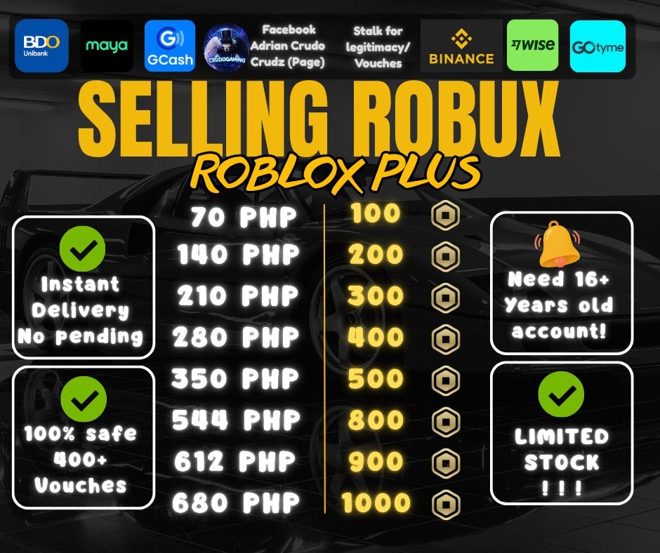 SELLING ROBUX VIA PLUS ( INSTANT DELIVER ) (Category: In-Game Products) located in Imus. Submitted by fieol (Listing ID 1462983633, Image 1). Description: THANK YOU FOR READING ( NEED 16 YRS ACCOUNT ).