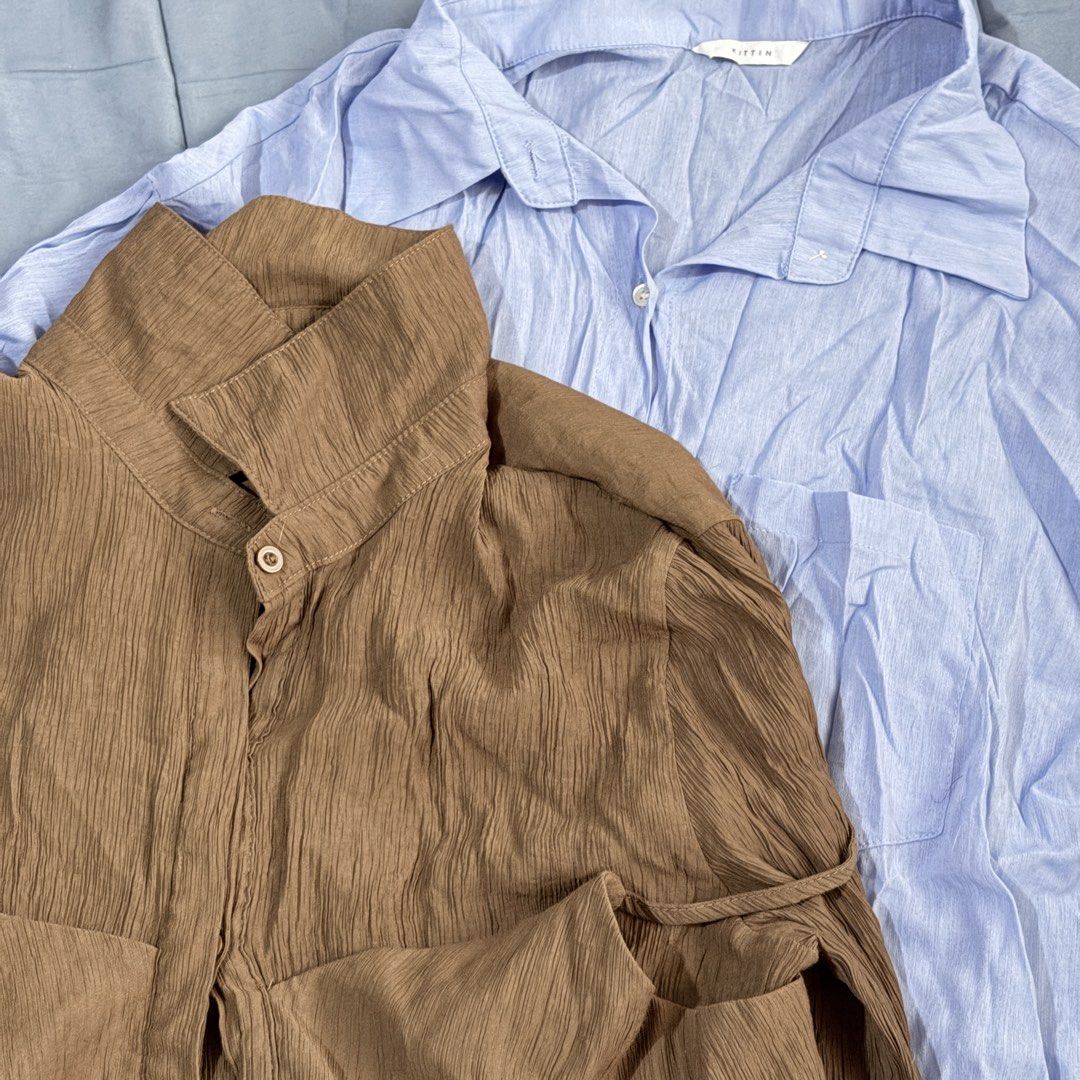 Set of 2 Button Down (Category: Longsleeves) located in Mabalacat. Submitted by maebirayd (Listing ID 1462986943, Image 1). Description: - Brown textured shirt - Collared neckline - Button-up front - Long sleeves - Unique crinkled fabric for added texture - Great for layering or wearing on its own - Versatile wardrobe staple.