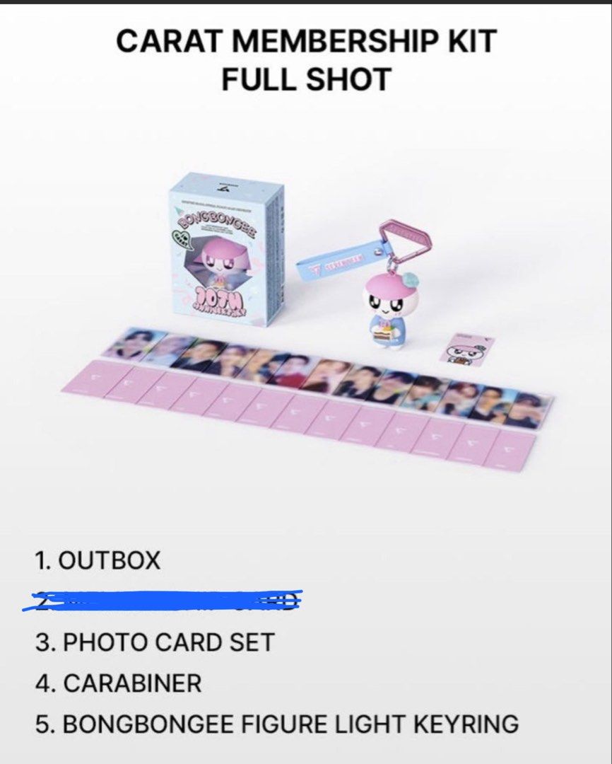 SEVENTEEN 10th Anniversary BongBongee Keyring (Category: K-Wave Merchandise) located in Cainta. Submitted by lmsyyyy (Listing ID 1462929428, Image 2). Description: SEVENTEEN 10th Anniversary Global Official Fanclub Carat Membership - Includes: photo card set, carabiner, strap, BongBongee figure light keyring.