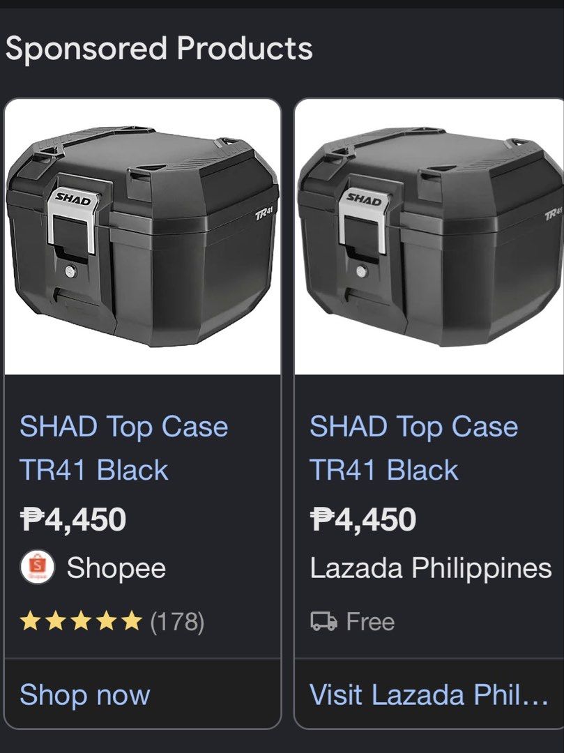 SHAD TR41 Black Top Case with Monorack Mount (Category: Other Motorcycles Parts and Accessories) located in Quezon City. Submitted by jambaya (Listing ID 1463018097, Image 3). Description: - SHAD TR41 Top Case in Black - Includes Monorack Mounting System - Spacious and durable motorcycle storage solution - Ready for installation - Check photos for details.
