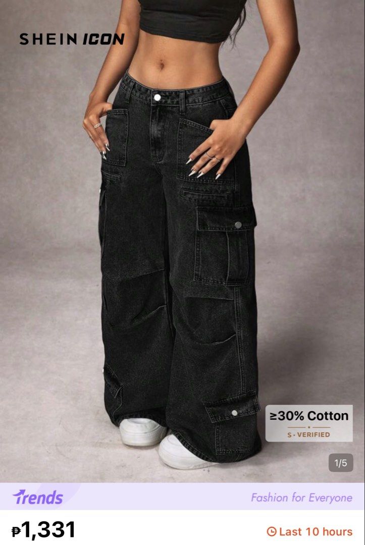 SHEIN Black Denim Cargo Pants Size 28 (Category: Jeans) located in Manila. Submitted by _noname.shop (Listing ID 1462952267, Image 3). Description: - SHEIN Black Denim Cargo Pants - Size: 28 - Best Fit: size 30 - Fit: Wide leg - Features: Multiple pockets, button and zip closure - Style: Casual streetwear, versatile - USED TWICE ONLY SINCE HINDI KASYA SAKIN .