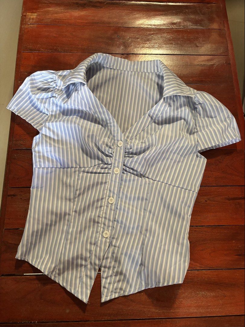 Shein blue stripes polo shirt (Category: Blouses) located in Laoag. Submitted by ns.lrnt (Listing ID 1462939158, Image 1). Description: -used once only -mop: gcash, gotyme or maya -can ship thru JNT or LBC .