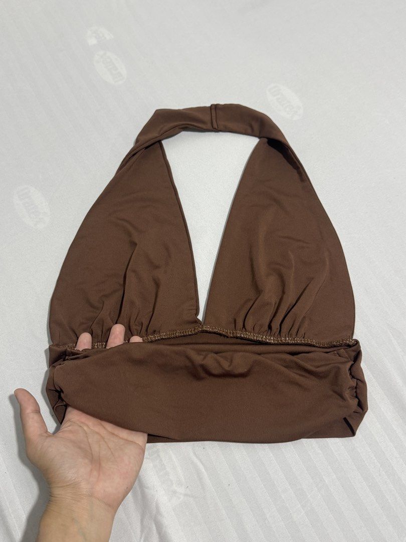 SHEIN Brown Halter Neck Ruched Crop Top (Category: Sleeveless) located in Pasig City. Submitted by niks.tb (Listing ID 1462934491, Image 2). Description: Decluttering items! Decluttering Items! . You can also buy ALL TOPS (last slide) as a set for P700.00. 📍Kapitolyo, Pasig .