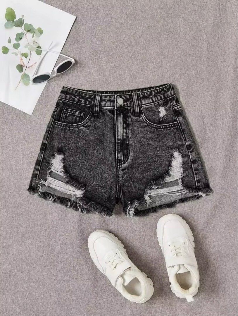 SHEIN Grey Distressed Denim Shorts (Category: Shorts) located in Manila. Submitted by dianafayesimbre (Listing ID 1460058956, Image 1). Description: - Grey distressed denim shorts from SHEIN - Comfortable elastic waistband at the back - Trendy frayed hem and ripped details - Ideal for casual wear - Size 12Y on tag but can fit small to medium adult women size 25-29 inches waistline.