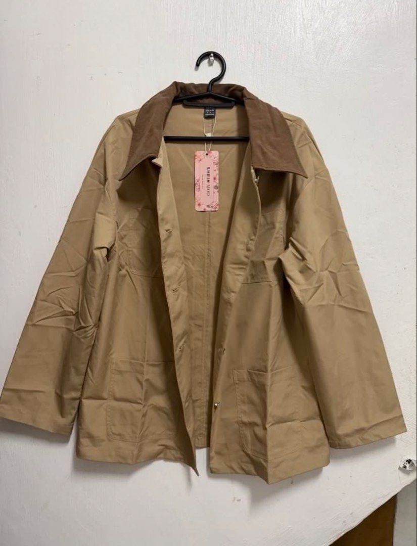 SHEIN Khaki/Brown Coat/Jacket (Category: Coats, Jackets and Outerwear) located in Makati City. Submitted by julivyian (Listing ID 1462915089, Image 3). Description: - SHEIN Mod jacket - Brown corduroy collar - Button-up front XS on tag but can fit up to Small (oversized) Just ordered it from Shein. Malaki pala sya sa akin. New with tag pa. Bought for 700+ .