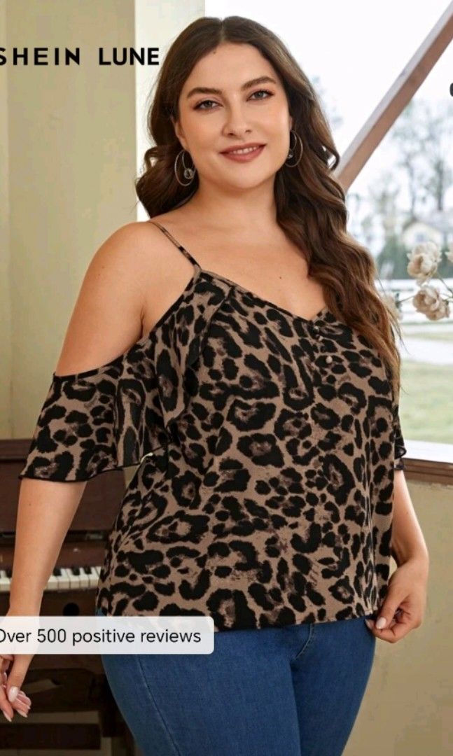 SHEIN LUNE Plus Leopard Print Cold Shoulder Blouse (Category: Sleeveless) located in Manila. Submitted by wisepenguin.89f414 (Listing ID 1463031569, Image 3). Description: - Trendy leopard print design - Stylish cold shoulder cut - Cute tie details on the sleeves - Flattering V-neckline with button accent - Versatile for casual or dressy occasions - Effortlessly pairs with jeans or skirts.